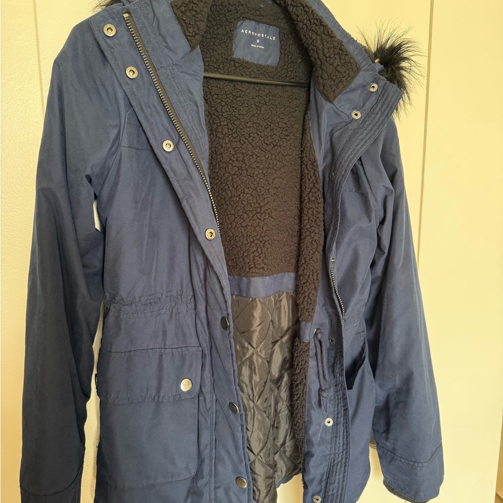 Aeropostale Women's Navy Utility Jacket with Faux Fur